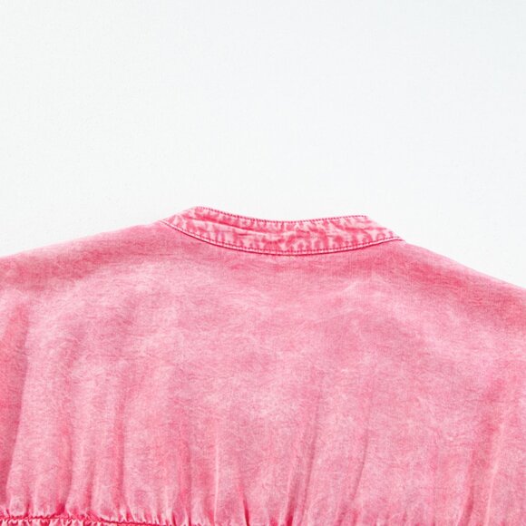 B260 Pink Ruffled Short Sleeve Buttoned Denim Mini Dress - Picture 8 of 10